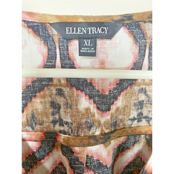 Ellen Tracy Ikat Print Linen Tunic Blouse Rollback Sleeves Pocket Women's XLARGE - Picture 2 of 10